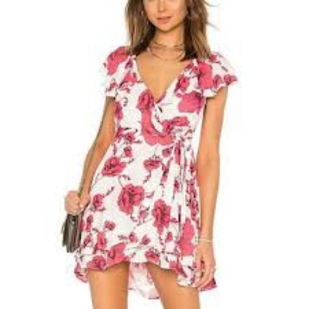 Free People French Quarter Pink Floral Wrap Tie Front Ruffled Mini Dress Small